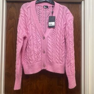 The Kooples Womens Cable Knit V-Neck Cardigan in Pink Fr Sz 2 US 6 NWT MSRP $345